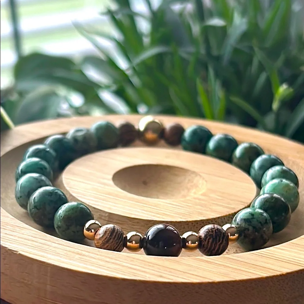 Handmade African Turquoise + African Wood Brad + Red Tigers Eye Beaded Bracelet